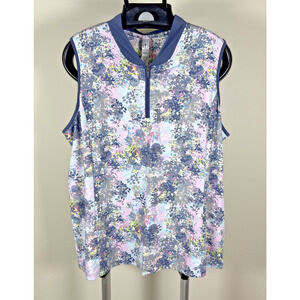 Tee Time Pink Blue Gray Green Floral 1/4 Zip Sleeveless Golf Tank Top Women's XL